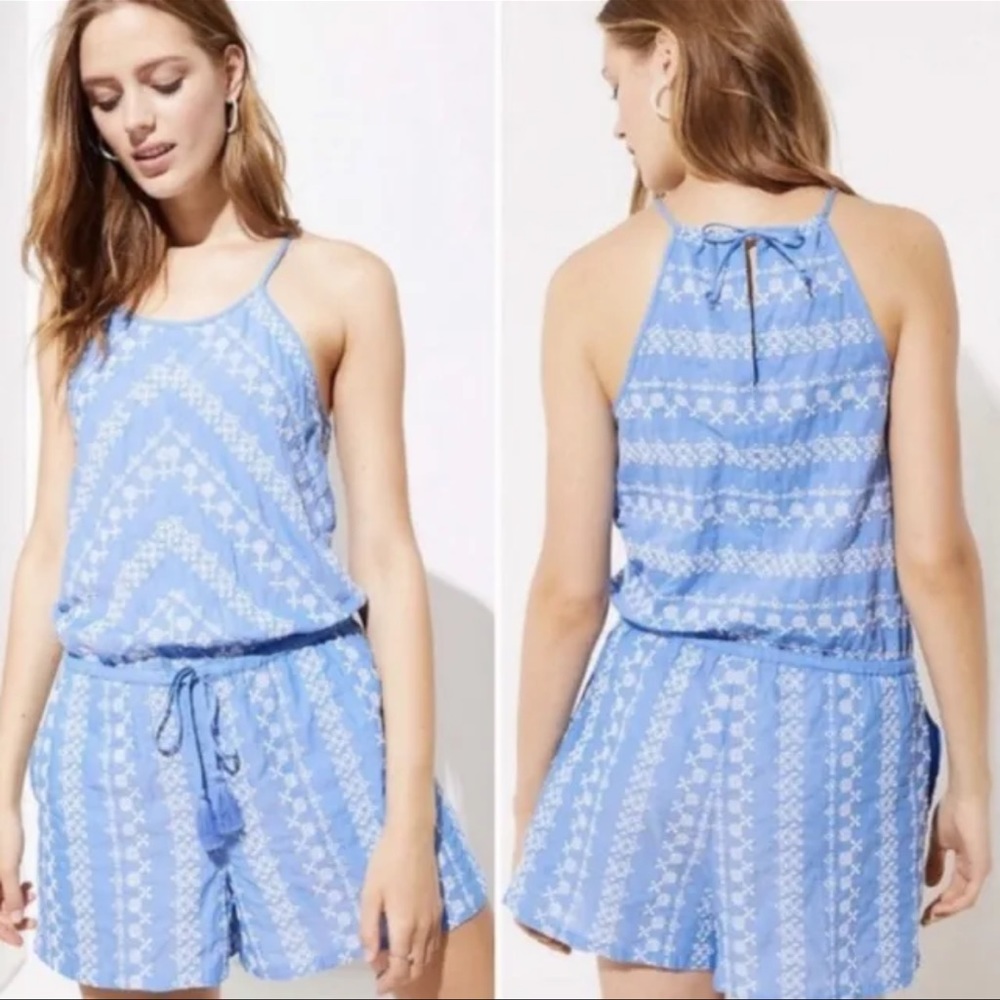 NWOT Loft blue embroidered romper L